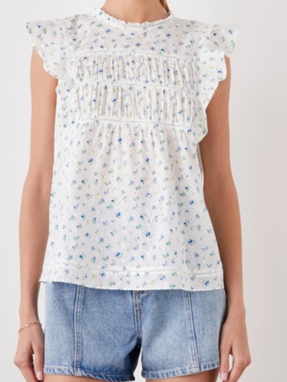 Rails White Floral Smocked Camisole with Blue and Green Accents